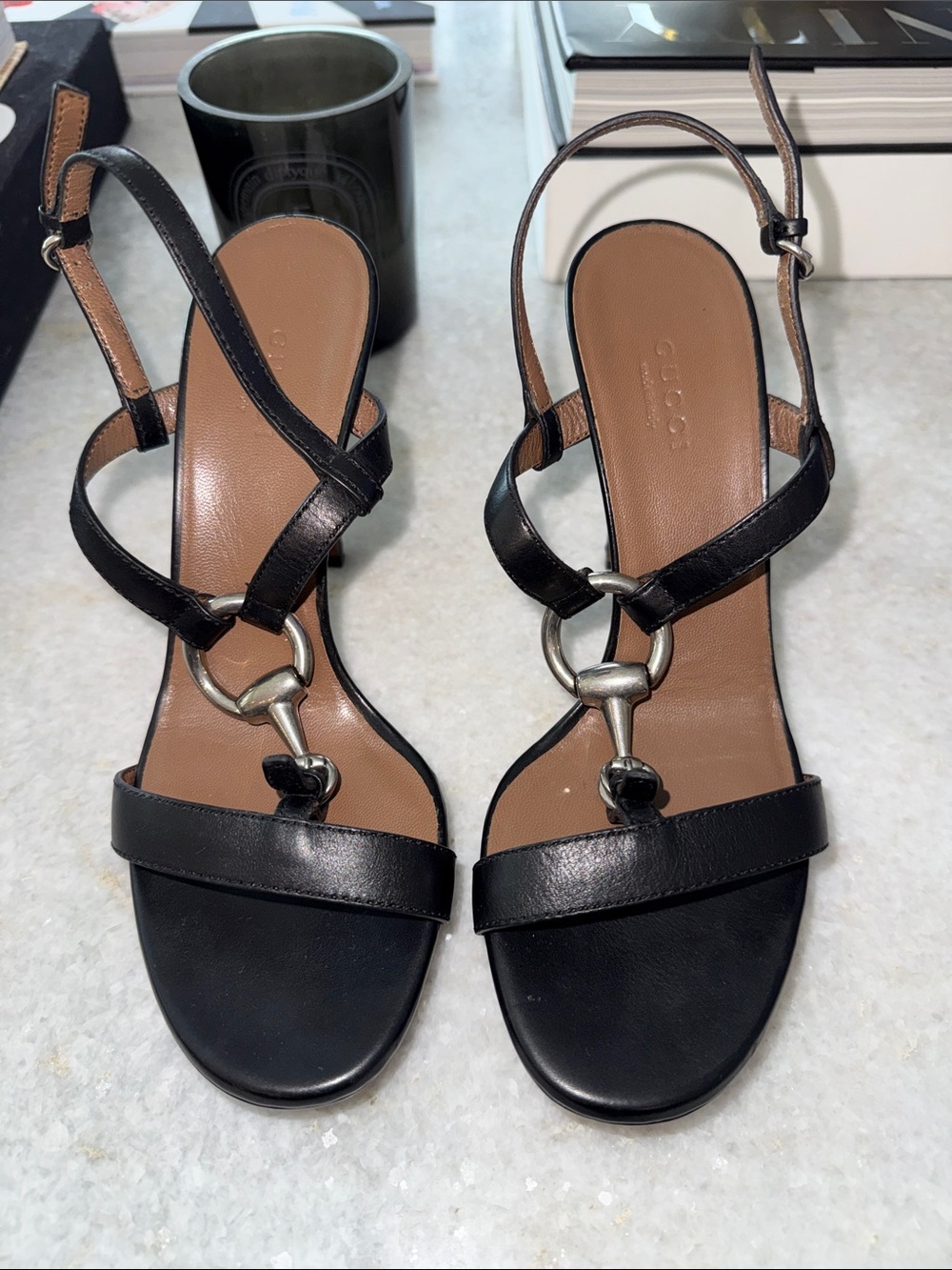 Gucci Black Leather Horsebit T-Strap Slingback Sandals
